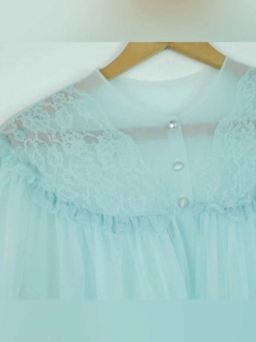 Vintage Sheer Nylon Peignoir Robe Bed Jacket Coquette Baby Blue Lace Babydoll M